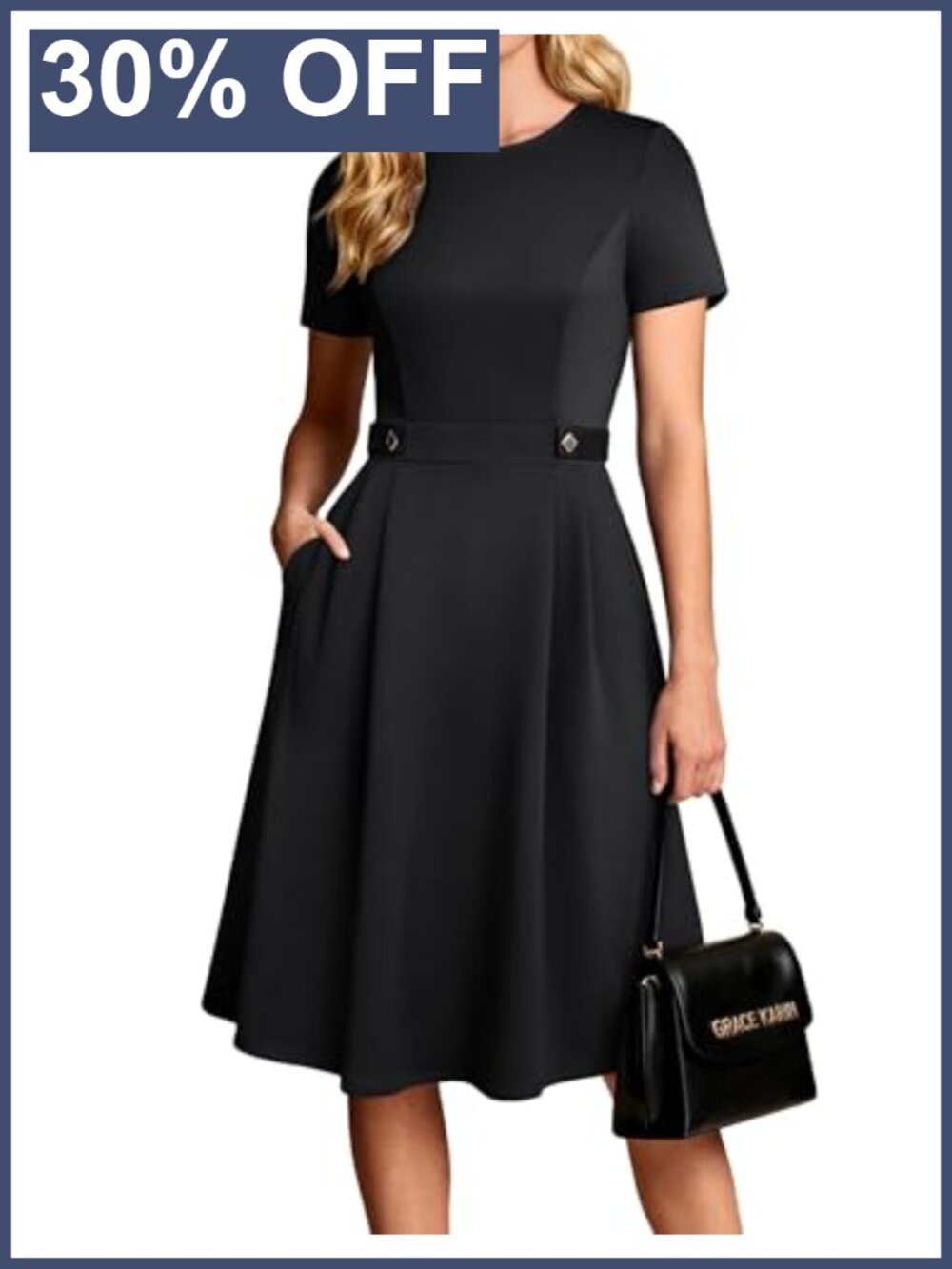 A-Line Midi Dress with Pockets Short Sleeve Wrinkle-Resistant Work Church